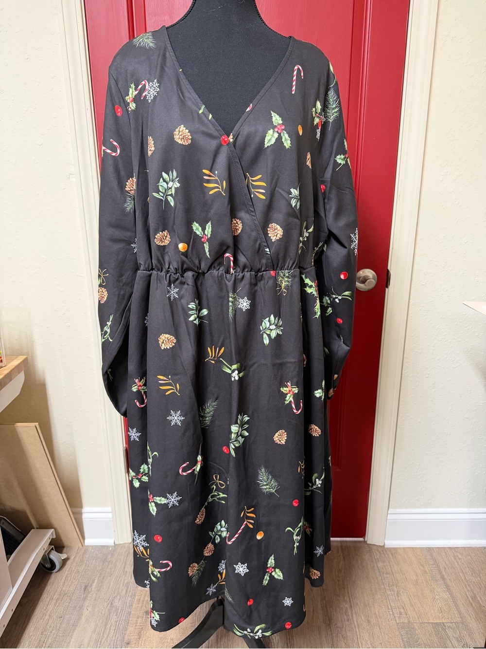 BloomChic Black Holiday Print Dress with Holly and Pinecone Motif